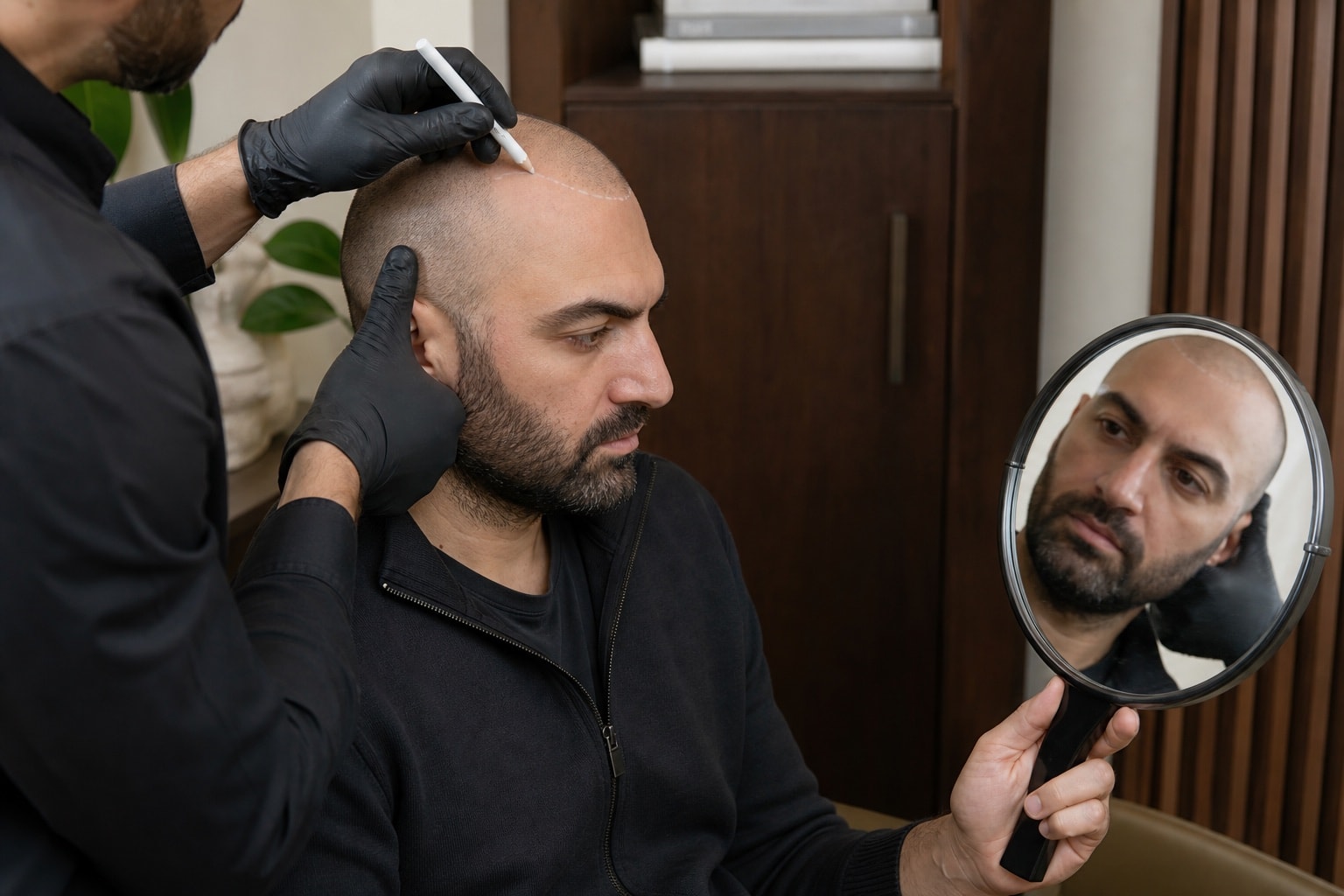 Hairline mapping during a private scalp micropigmentation consultation