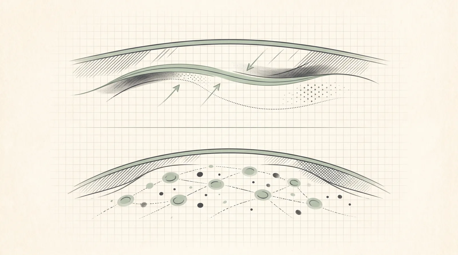 Abstract educational diagram of linear FUT and scattered FUE scar patterns
