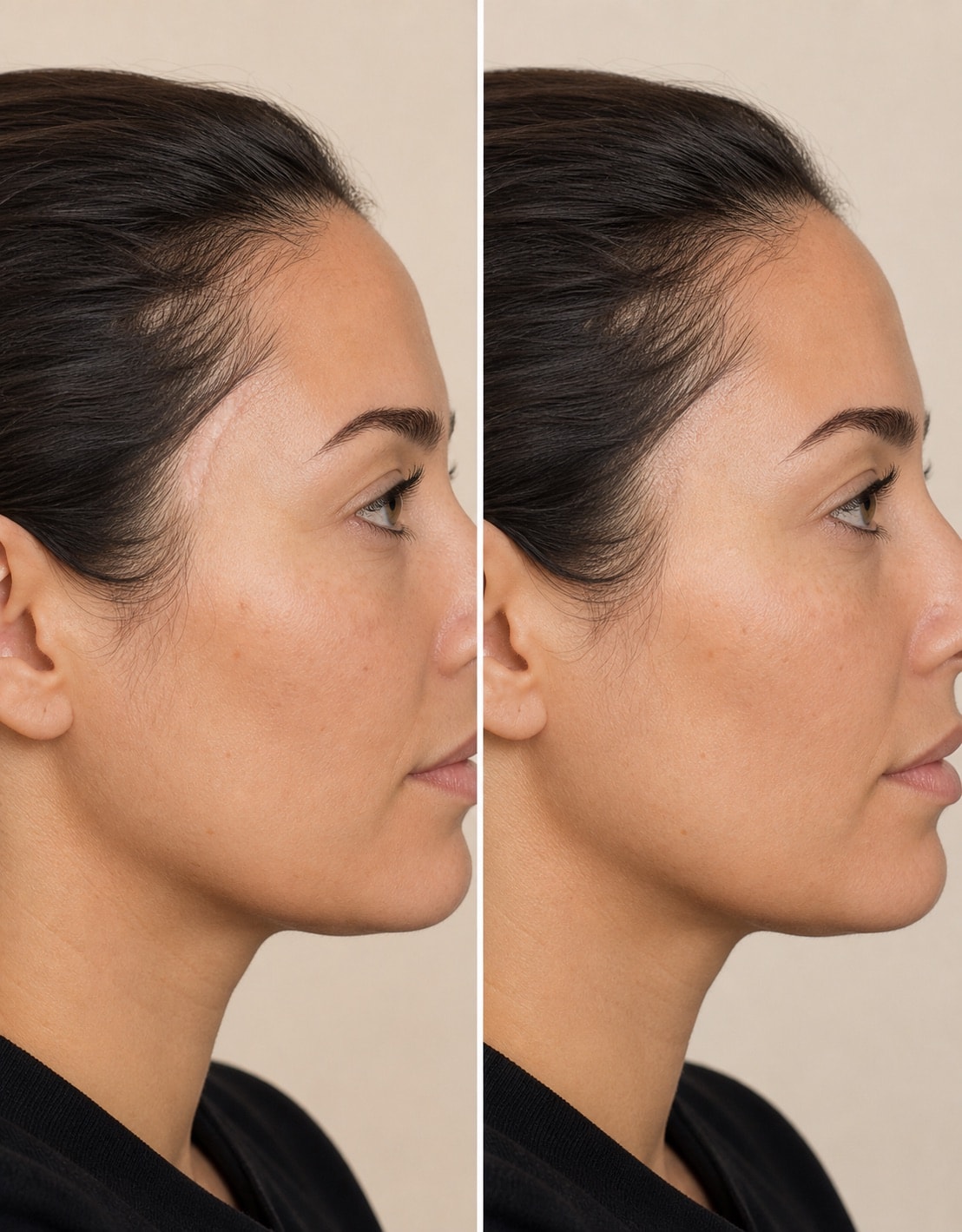Illustrative women’s hairline and temple density planning comparison